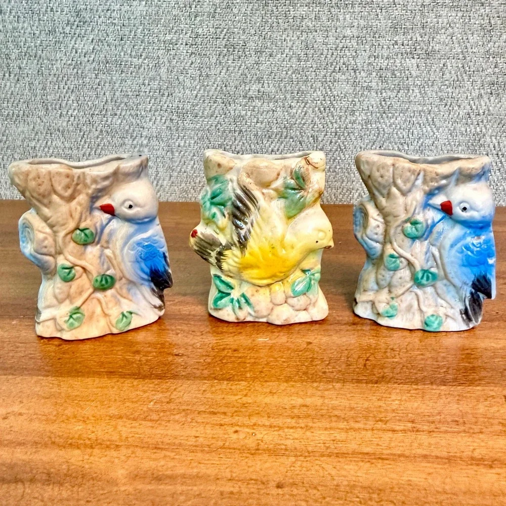 1950s MCM Kitsch Mini Ceramic Bird Bud Vases Set of 3 Chinoiserie Fairycore RARE